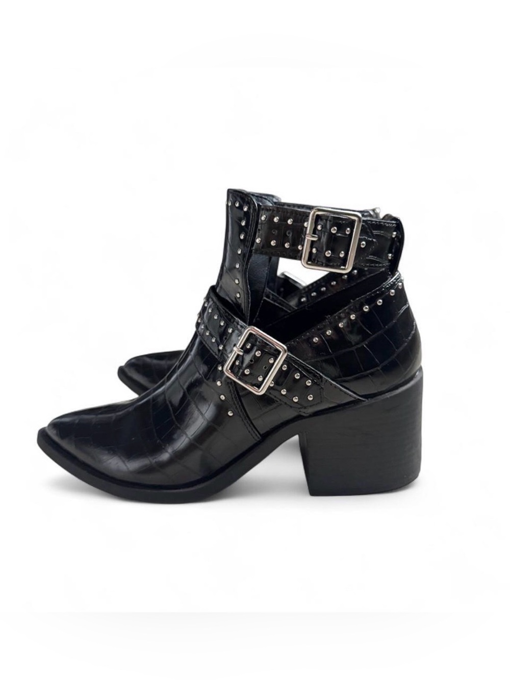 Steve Madden Andy Studded Black Croc-Embossed Cutout Ankle Boots